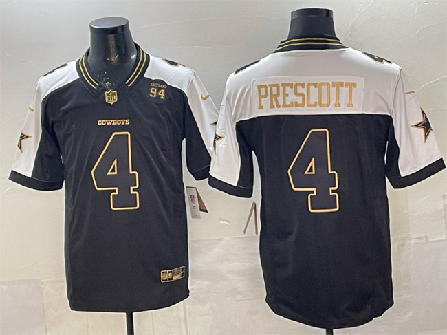 Men's Dallas Cowboys #4 Dak Prescott Black Gold 2025 F.U.S.E. 94 Marshawn Kneeland Memorial Patch Vapor Limited Stitched Football Jersey Men's Dallas Cowboys #4 Dak Prescott Black Gold 2025 F.U.S.E. 94 Marshawn Kneeland Memorial Patch Vapor Limited Stitched Football Jersey